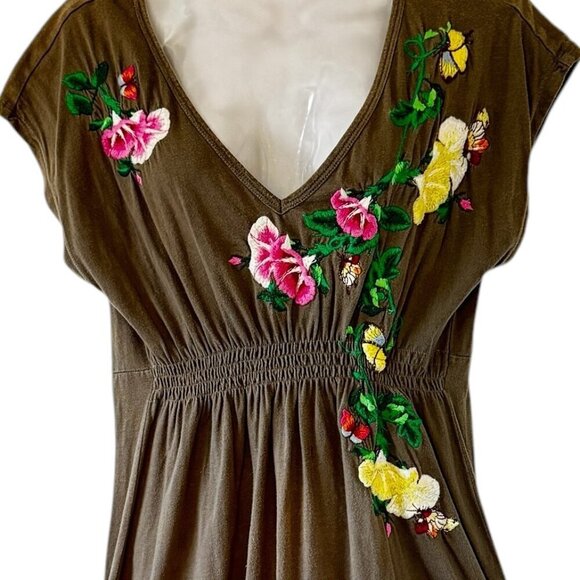 Johnny Was Embroidered Mini Dress Smocked Empire Waist V Neck  Hippie Indie Med - Picture 2 of 5